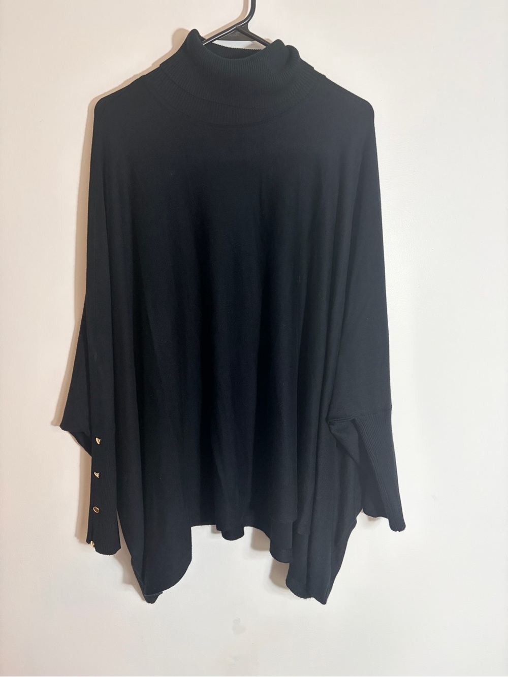 JM Collection Black Turtleneck Poncho sweater with Side Button Detail